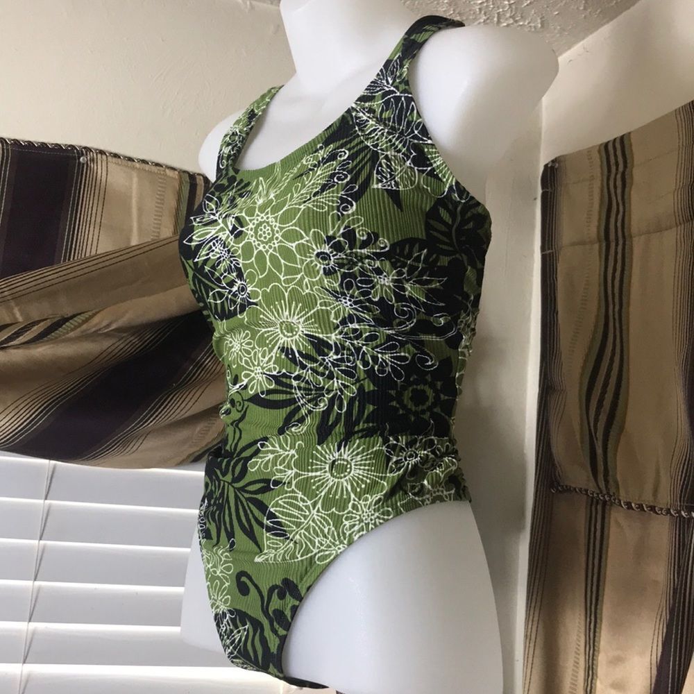 Vintage 90s California One Green Floral Bathing-suit Size L (12-14) Swimsuit
